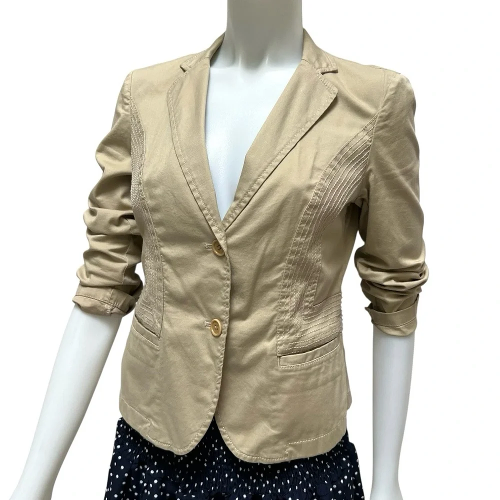 DKNY Tan Cropped Blazer Cotton Fitted Office Carrier Preppy Academia‎ Minimalist